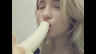 Compilation 18 year old teen sucks a banana, imagining that it is a dick