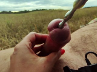 Beautiful public urethralplug in field - real sounding outdoor cum_4K