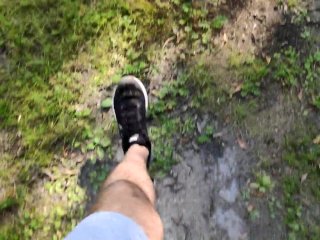 risky outdoor jerk off in the river forest