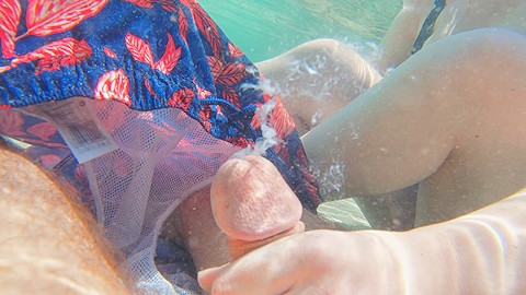 Risky Busy Public Beach Underwater Handjob Cumshot | Curvy Ginger Redhead