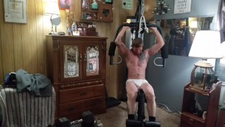 Hot guy in white briefs flashing his ass and cock while exercising 