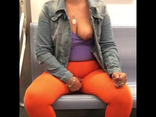 Flashing tits and ass in see through orange leggings