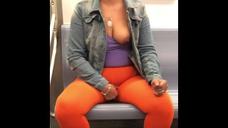 Flashing tits and ass in see through orange leggings