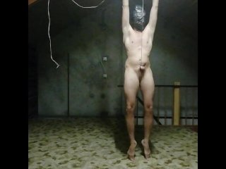 Cock and ball bondage while hanging