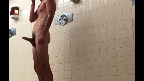 Public shower with white boy