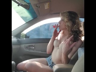 Sexy smoking strip tease n car-ring pop & denim-nervous tofk at the park