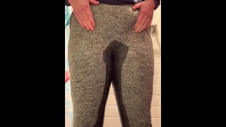 Teen pee desperation in grey yoga pants
