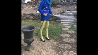 Sweater Sissy humiliate  doing outdoor chores 