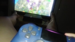 Gamer girl plays Fortnite in pink panties on ps4