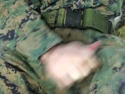 Preview 1 of US Marine Crossdresser Cums All Over Self In Full Combat Uniform