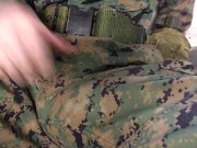 Preview 3 of US Marine Crossdresser Cums All Over Self In Full Combat Uniform