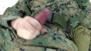 Crossdresser US Marines In Full Combat Gear Cums All Over Themselves
