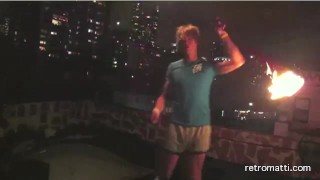 18 years old Gay teen Twink spins fire poi in underwear and socks