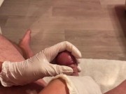 Wife in doctor gloves gives best sloppy handjob with cum blast