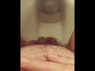 Close-up Hairy Pussy Pissing on Public Toilet after Holding