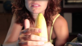 Funny Banana blowjob with surprise, lovely frenulum lick with huge cumshot
