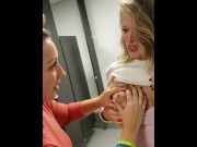 Lactating Friends - MFF Breastfeeding Squirting Threeway in a Public Restroom - Pornhub.com