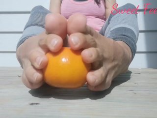orange squashing, instagram model, foot model, kink