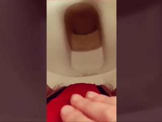 Wetting on Toilet in too Tight Panties while Rubbing Hairy Pussy to Orgasm