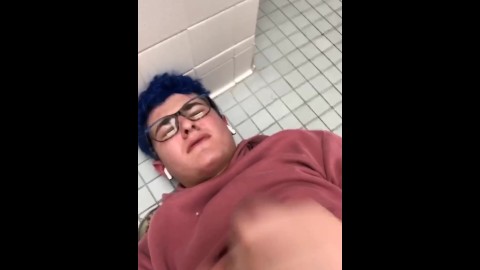 glasses wearing twink tries to cum on face, cums on sweatshirt instead