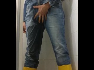 piss, jeans fetish, shower, clothed