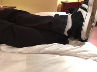 Male Dress Shoes, Nikes, Globes and White Socks Shoeplay in a Nice Hotel