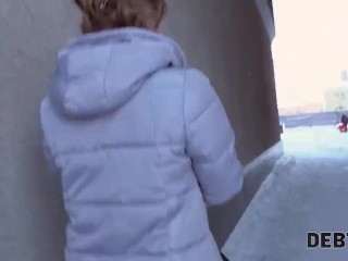 Debt4k. Petite babe Calibri Angel fucks to make her sweet tits bigger