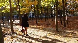 Walking NO PANTIES in Pantyhose #PUBLIC Autumn Park