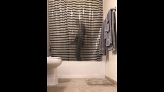 Horny guy cuming in the shower