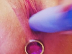 Up close double pen shower fun with new butt plug and vibrator