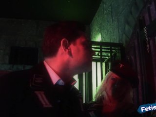 Rough threesome fuck for the prison guard and two naughty blondes