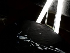 Big unload on the black shirt, close up look on the cum (solo cumshot)