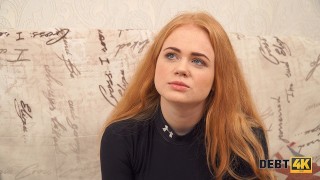 Debt4k. Cunning guy fucks shaved pussy of red-haired cutie Rose Wild