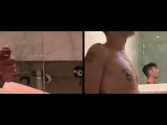 Two angles - big cock and face expressions - intense quick jerk off and cum in the bathroom