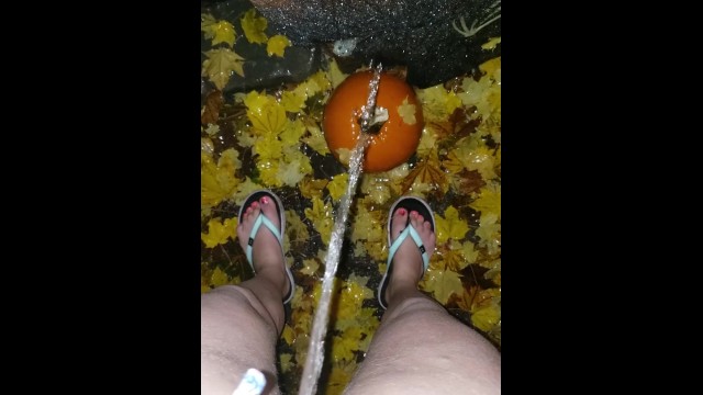 Girl Standing Festive Piss On Pumpkin