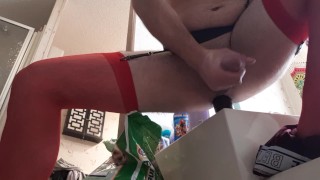 Making my cock squirt cum all over while riding my dildo 