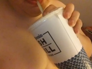 Chubby Feedee Girl Eats Cookies before Bed and Rubs Big Sexy Stomach Food