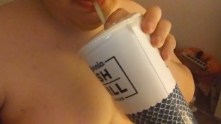 Chubby feedee girl eats cookies before bed and rubs big sexy stomach food 