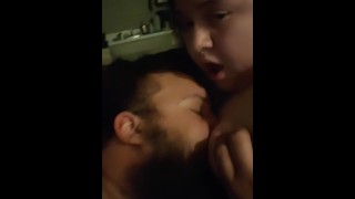 Daddy sucking on my big natural tits