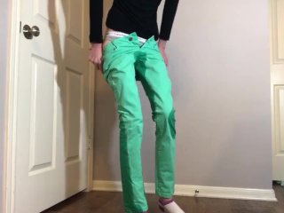 pants wetting, holding, jeans wetting , pissing, solo female