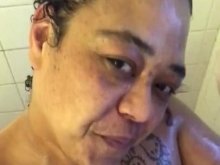 SSBBW Stepdaughter takes shower while Stepdaddy watches