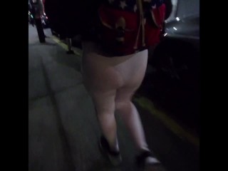 Wife walking around the city in see through white leggings