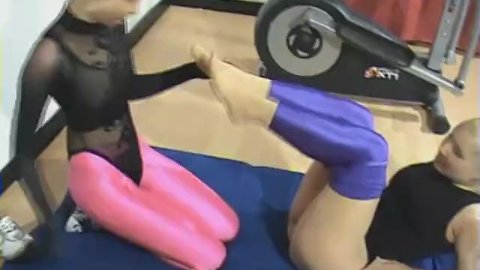 Two Shiny Spandex Encasement Nylon Teeny Lesbians Making Gym Sport - Part 2