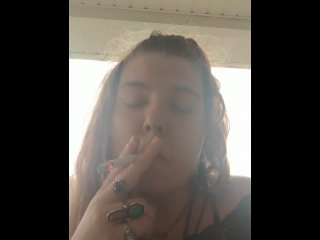 red head, big tits, smoking cigarette, cigarette