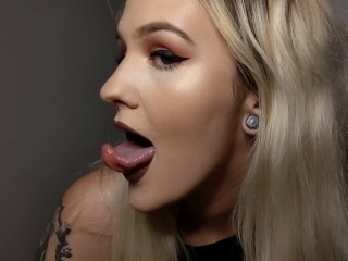 blonde, drool, spit, very long tongue