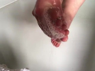 Sarah Feet in Shower. Rubbing Soap on Feet.