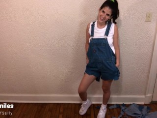 Bad Babysitter In overalls Cuts and Destroys her Jeans Overalls