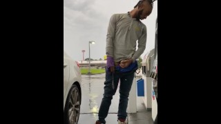 JACKING BIG BLACK COCK AT GAS STATION DURING RAINY DAY