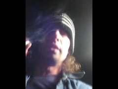 Transgirl w/Gloves Outside Smoking Cigs at Night; Smoke rings