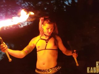 DRAGON QUEEN KIRAKANDELLA PYRO SPINS FIRE AND BURNS HER TGIRL COCK AND BODY